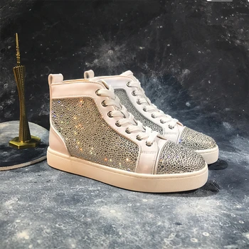 

Red Bottoms for Men Designer Shoes Men High Quality High Top Leather Sneakers White Crystals Rhinestones Mens Driving Shoes