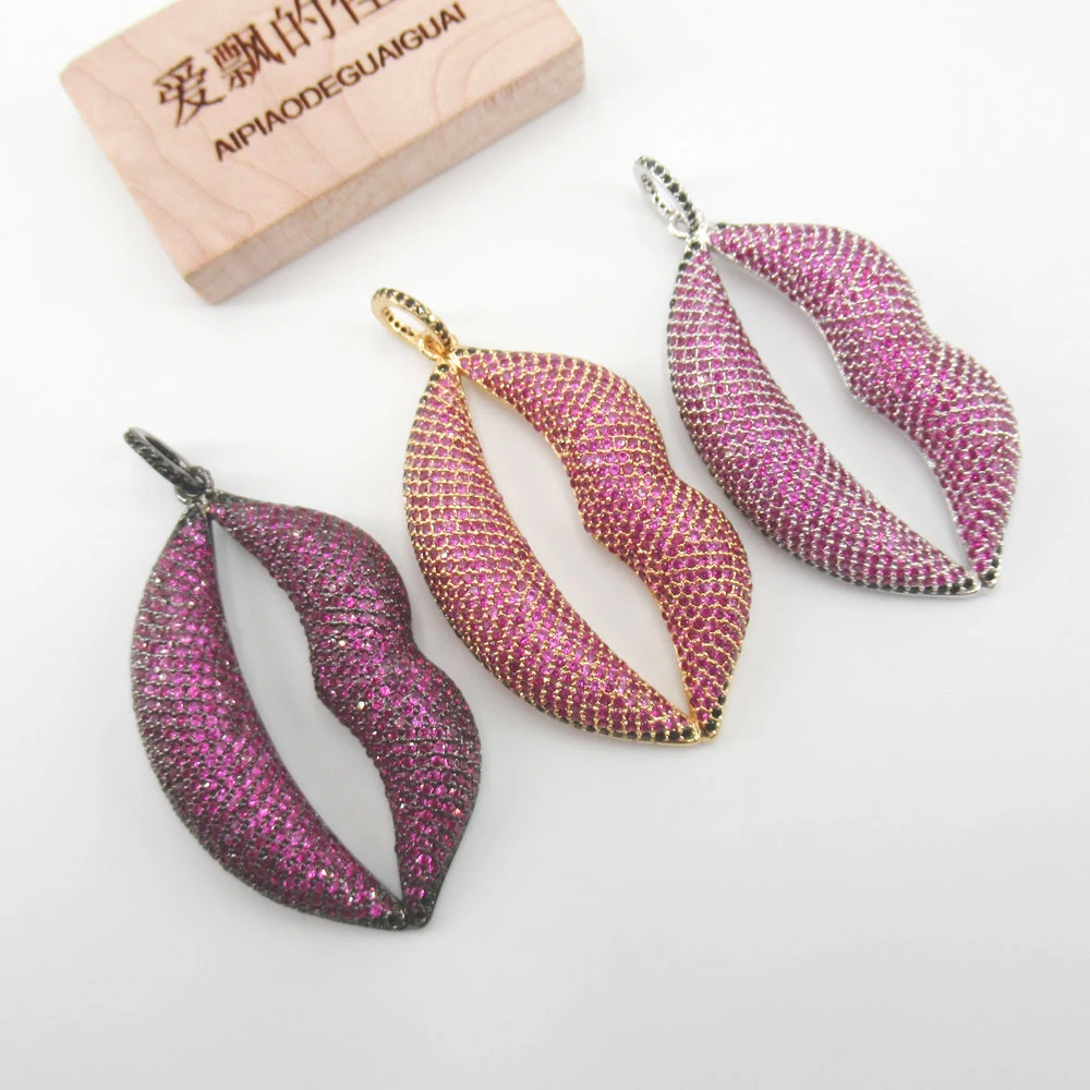 

2PCS 30x52mm Hot Lips Gold plated cubic zircon CZ Paved Connector Charms necklace pendant Jewelry DIY Jewelry Findings