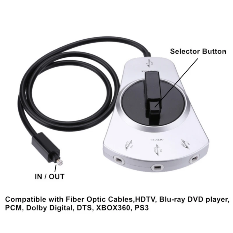 

Digital Audio Optical Fiber Cable Toslink 3-Way Selector Splitter 3 To 1 Switch W 87cm Fiber cable For MD DVD VCR CD player