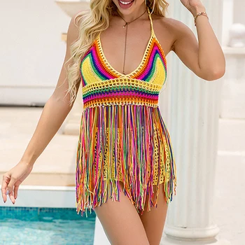 

Mossha Sexy crochet beach wear Colorful tassel cover up Halter V neck swimsuit Brazilian backless bathing suit Women's swimwear