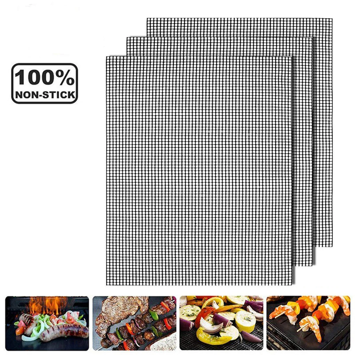 

3pcs/Set Grill Mesh Mat Reusable 260°C Heat-Resistant Non-Stick Grill Mats 4mmx4mm Fine Mesh Washable PTFE Grill Mesh Black