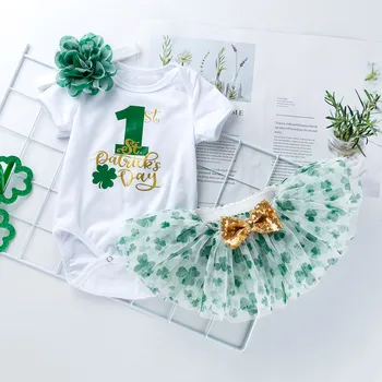 

Green Infant Girls Clothes Clover Newborn Baby Costumes 1 Year B irthday Romper Tutu Skirts Baby Spring Clothes Baby Clothing 1T