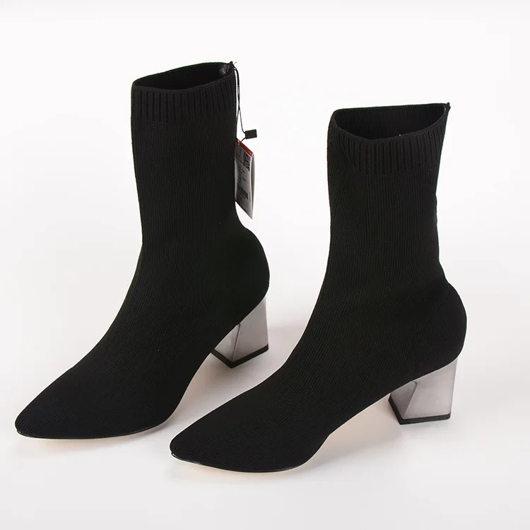 

Western Style Autumn & Winter Women's Elasticity Knitted Fabric Black And White with Pattern Silver Shoe Heel Short Boots