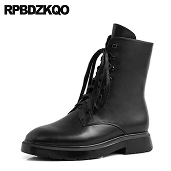 

high quality genuine leather shoes real military block combat 2019 chunky round toe women ankle boots medium heel lace up black