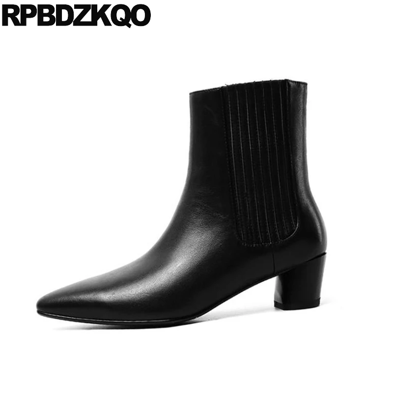 high heel black genuine leather pointed toe women ankle boots medium slip on chunky fall chelsea shoes custom designer block