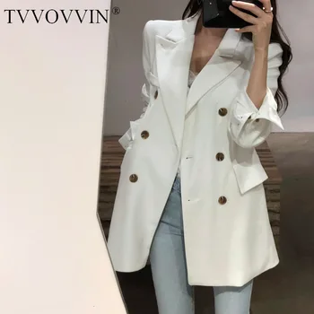 

TVVOVVIN 2019 Autumn Solid Color Leisure Time Temperament Small Suit Woman Chic Both Row Buckle White Man's Suit Tide ZX341