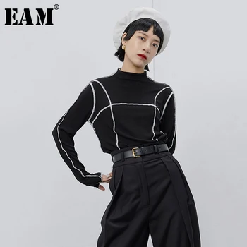 

[EAM] Women Black White Spliced Striped Hit Color Fit T-shirt New Stand Neck Long Sleeve Fashion Tide Spring Autumn 2020 1B665