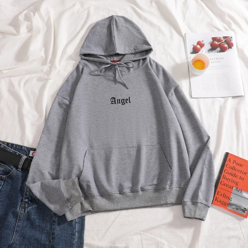 

Angel small letter print Hoodies cotton casual funny Hoodies Long Sleeve women autumn sweatershirt Pure Color drawcord hoodies