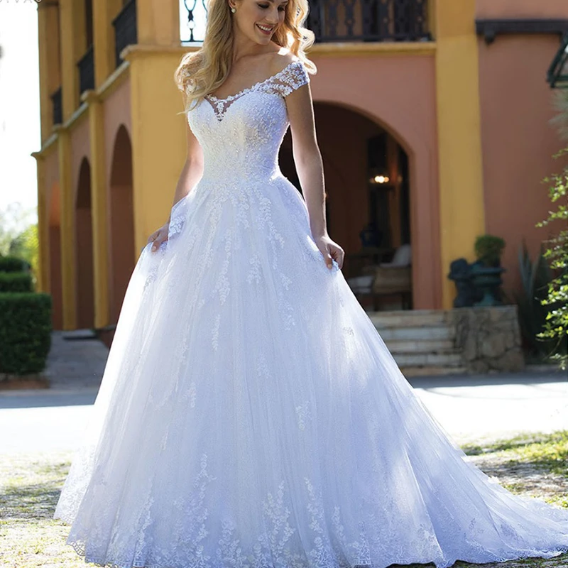 

Elegant V Neck Wedding Dresses white Floor Length Applique Button Back A Line Backless Bridal Dress Vestido De Noiva