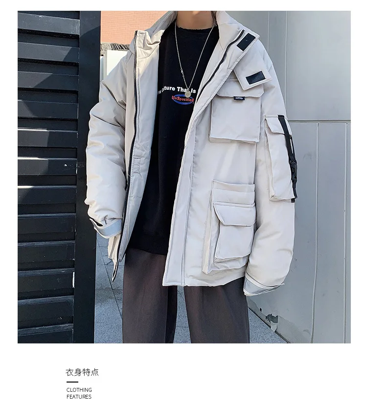 Winter Short Coat Men Warm Thick Parka Men Fashion Reflective Strip Hooded Coat Man Streetwear Loose Tooling Jacket Male Clothes