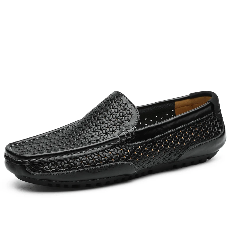 Летняя мужская повседневная обувь с перфорацией; коллекция года; мужские мокасины из натуральной кожи; лоферы на плоской подошве; дышащая мужская обувь для вождения; деловая Свадебная обувь - Цвет: Black