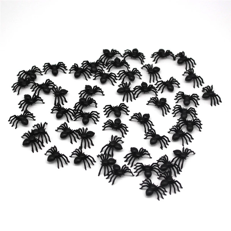50pcs Mini Small Plastic Fake Spider Toys Halloween Prop Party Haunted Black 
