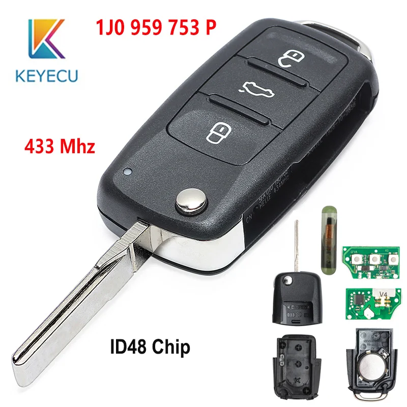 

KEYECU 3 Button 433MHz ID48 Chip FCC ID: 1J0 959 753 P 3 Button Remote Key Fob for Volkswagen Fox Gol Sharan Beetle Je*tta