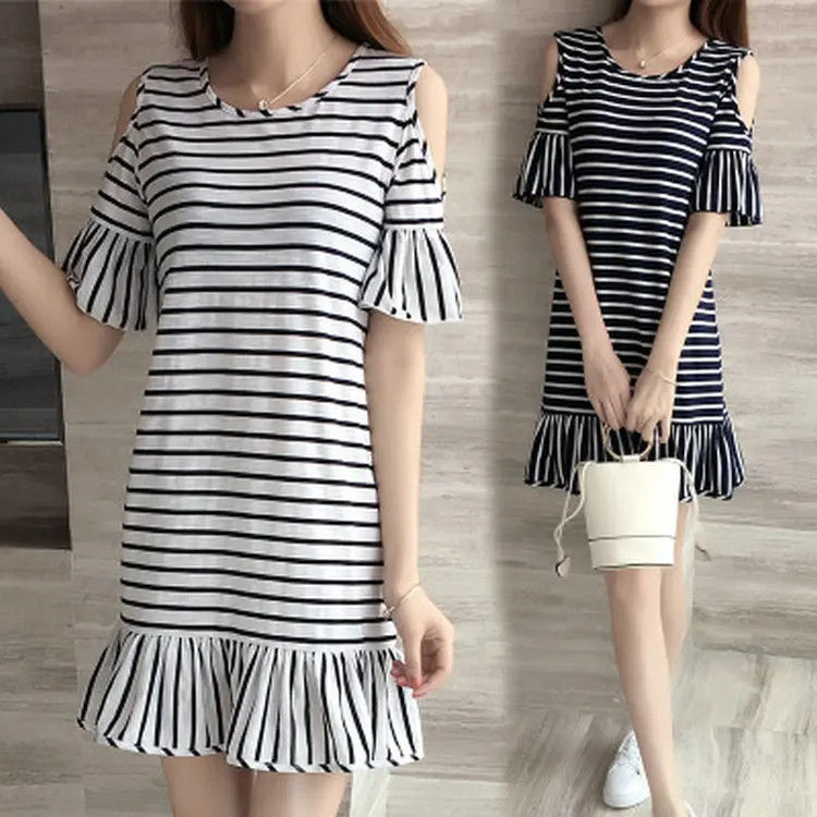 

[9.9 Yuan] 2019 Korean-style Loose-Fit Versatile Mid-length A- line Skirt Stripes T-shirt Skirt