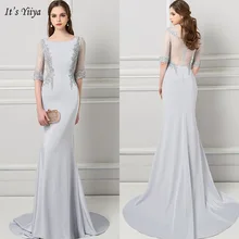 It's Yiya вечернее платье с круглым вырезом Русалка длиной до пола женские вечерние платья с коротким рукавом аппликации Lllusion Robe De Soiree V072