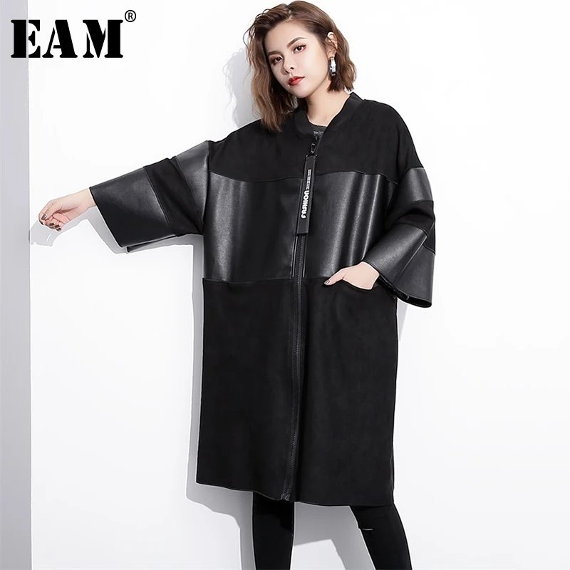 Best  [EAM] Loose Fit Black Pu Leather Spliced Big Size Jacket New Stand Collar Long Sleeve Women Coat Fa
