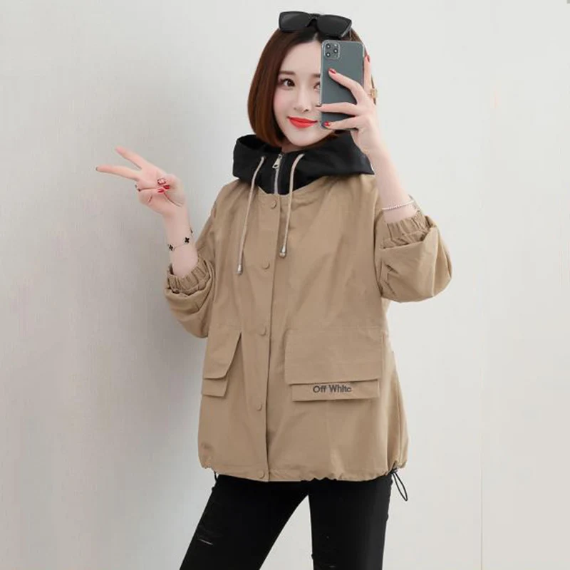 

2024 Spring Autumn Womens Jacket Fashion Hooded Windbreaker Female Long Sleeve Casual Jackets Loose Coat Outwear Plus Size 4XL