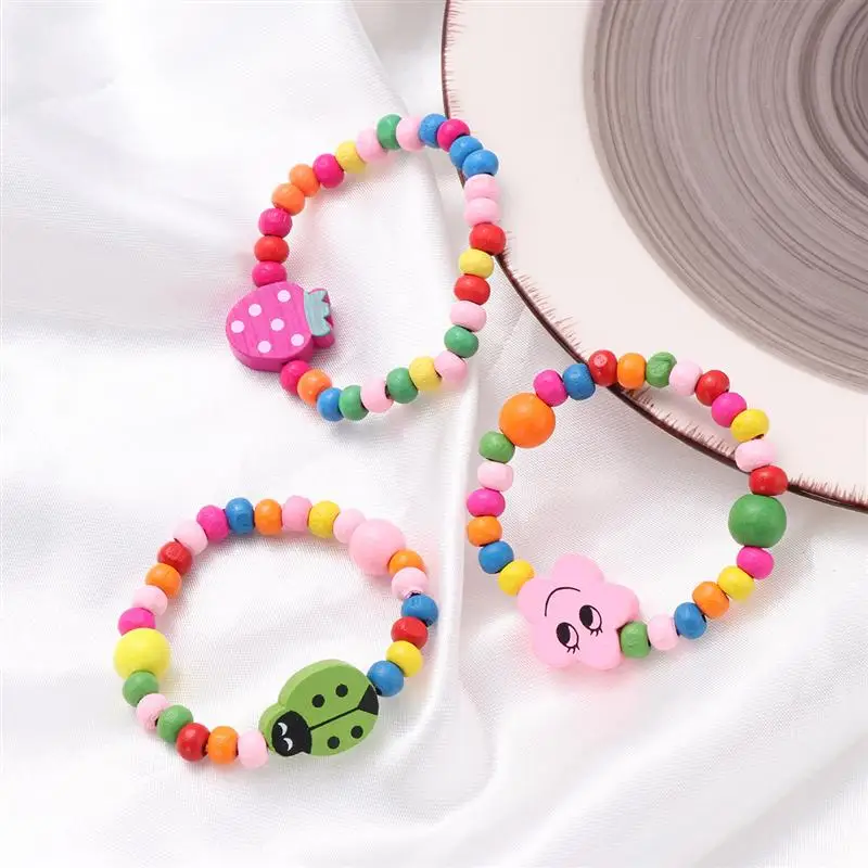 10/12pcs Party Bag Natural Wood Bracelet Kids Party Gift Elastic Wooden Beads Bracelet Children Girls