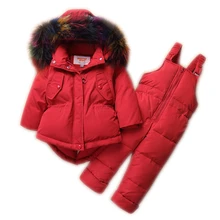 Г., куртка-пуховик для малышей теплый зимний костюм красного цвета для девочек детский ветрозащитный пуховик+ плотные пуховые штаны детский лыжный пуховый костюм
