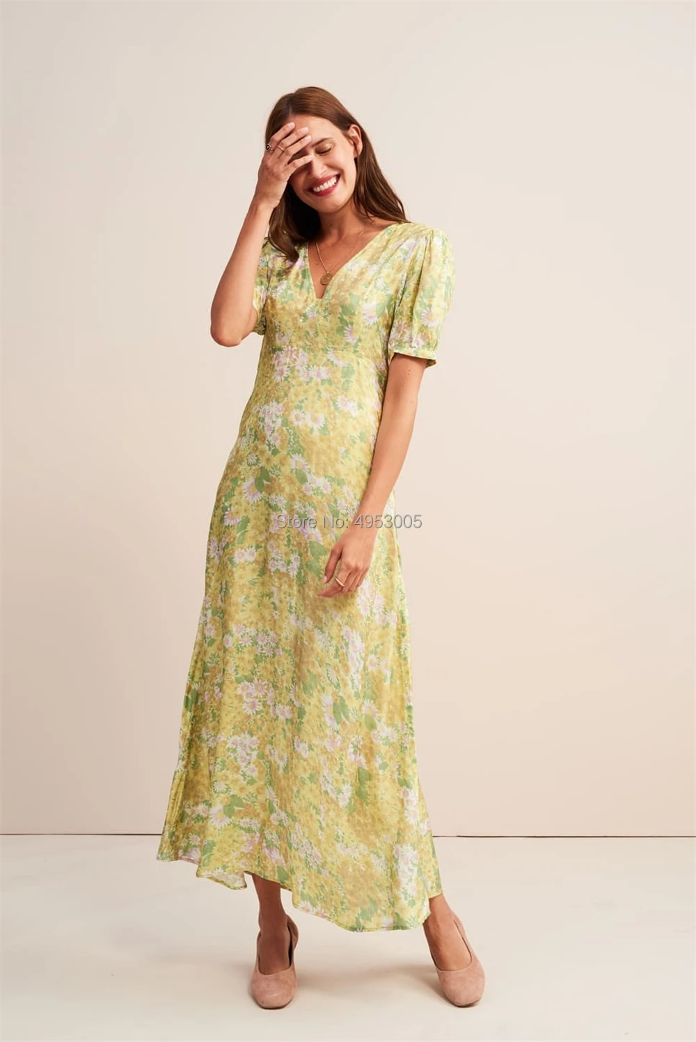

2019 New Women Floral Print Short Sleeve Waist Soft Viscose Sexy Sweet Slim Wrap long Dress