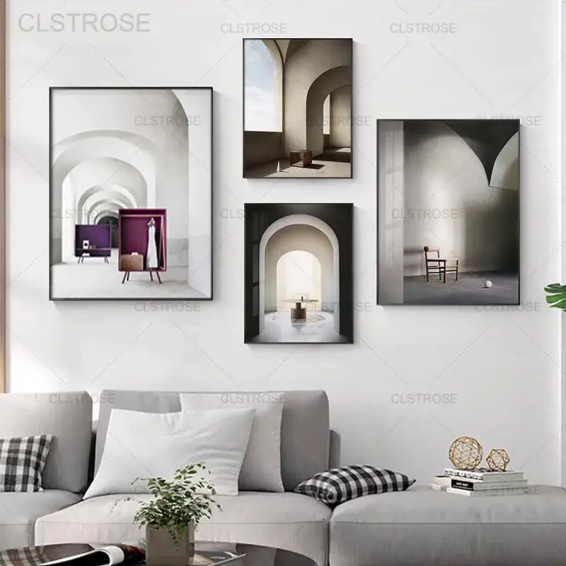 

Nordic Luxury Architecture Porch Canvas Painting Retro House Space Wall Art Poster Minimalist Pictures Home Decor Living Room
