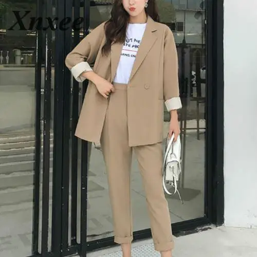 

Xnxee Casual Solid Women Pant Suits Notched Collar Blazer Jacket & Pencil Pant Khaki Female Suit Autumn 2020 high quality
