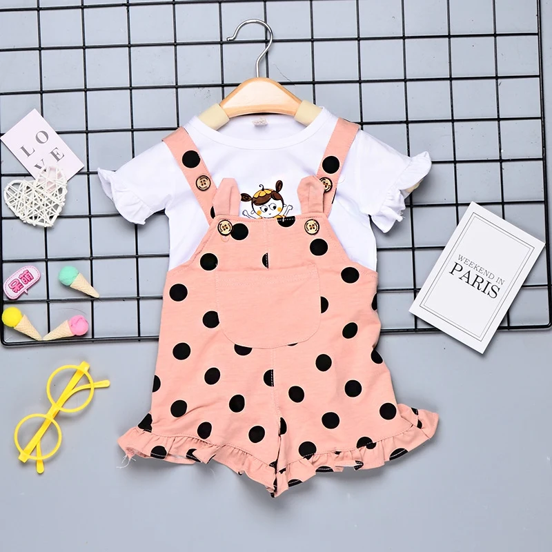 

2pcs Baby Girl Clothes Newborn Girl Autumn Outfits Flare Sleeve Cartoon T-shirt Tops+Strap Dot Print Shorts Fashion Sets