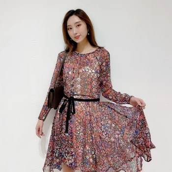 

Women's Two Piece Lace Up Mini Dress Asymmetrical Floral Printing O-neck Long Sleeve Dress for Holiday