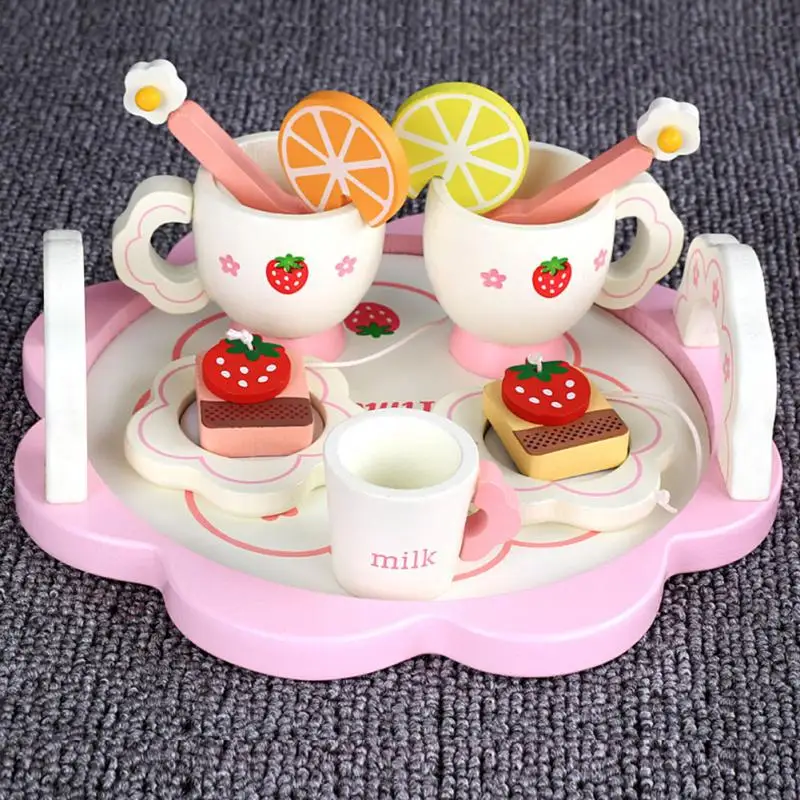 Online Girl Kitchen Creative Ceramic Tea Set Toy Kids Mini Tea Set Wooden Pretend Play With Box Gift Bowl Fruit Slice Cup Tray Spoon