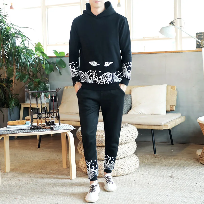

2019 Autumn Chinese-style Loose And Plus-sized Hooded Slim Fit Xiangyun Printed Men Retro Large Size Casual Two-Piece Set