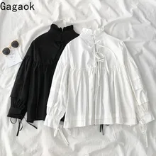 Gagaok Women Streetwear Blouse Spring Autumn New Solid Stand Puff Sleeve Lace Up Loose Casual Wild Female Fashion Shirts Tops Gagaok Women Streetwear Blouse Spring Autumn New Solid Stand Puff Sleeve Lace Up Loose Casual Wild Female Fashion Shirts Tops