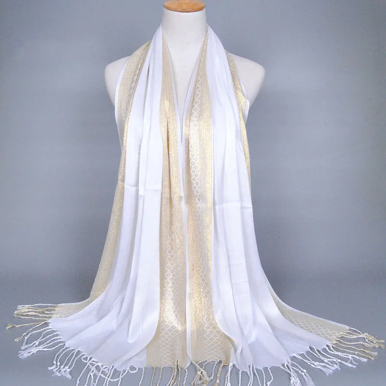 Cotton Lady Scarf Islamic Hot Sale Golden Thread Headband 16 Colors Scarves Women Soft Shawl Tassel Wrap - Цвет: white