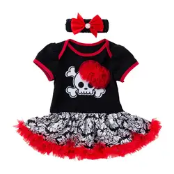 Комплект для маленьких девочек на Хэллоуин; одежда для маленьких девочек; комбинезон с короткими рукавами с принтом черепа и рюшами;