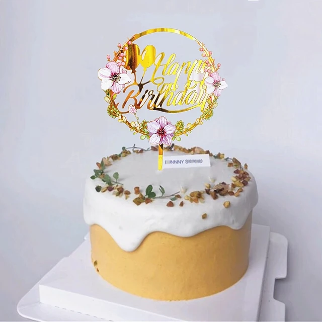 Decoração para bolo de aniversário infantil, decoração de bolos em acrílico  com flores de ouro - AliExpress