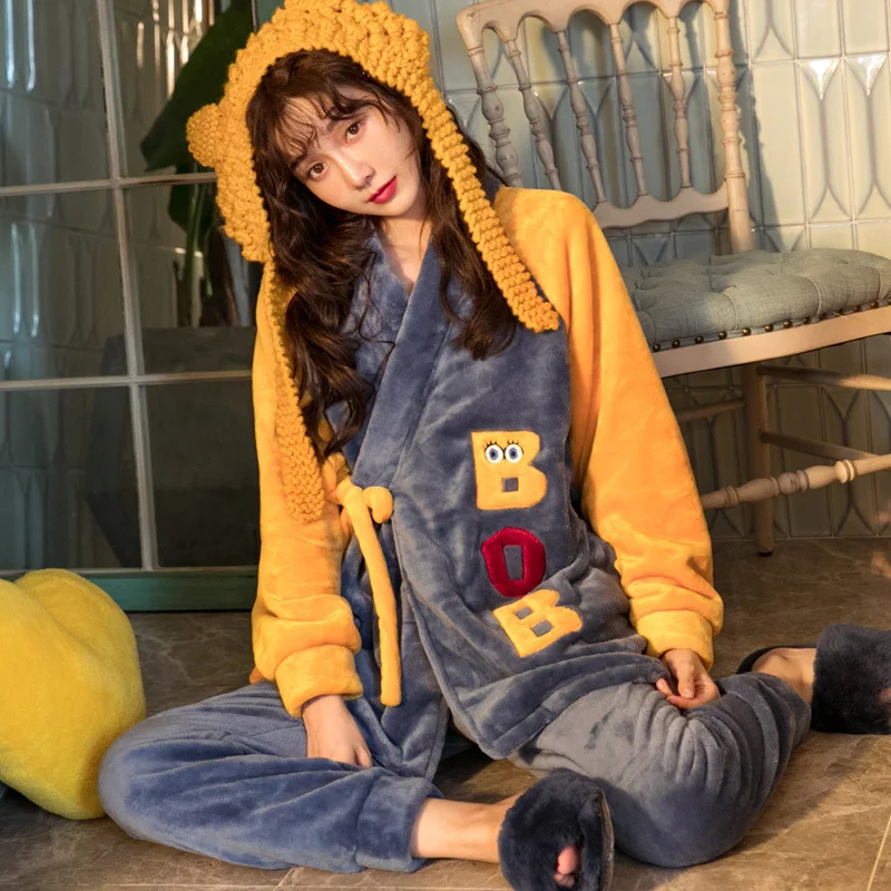 

Coral Velvet Pajamas Kimono Women's Autumn And Winter Cartoon Cute Students Long Sleeve Hooded Flannel Pajamas Set Exclusive Ver