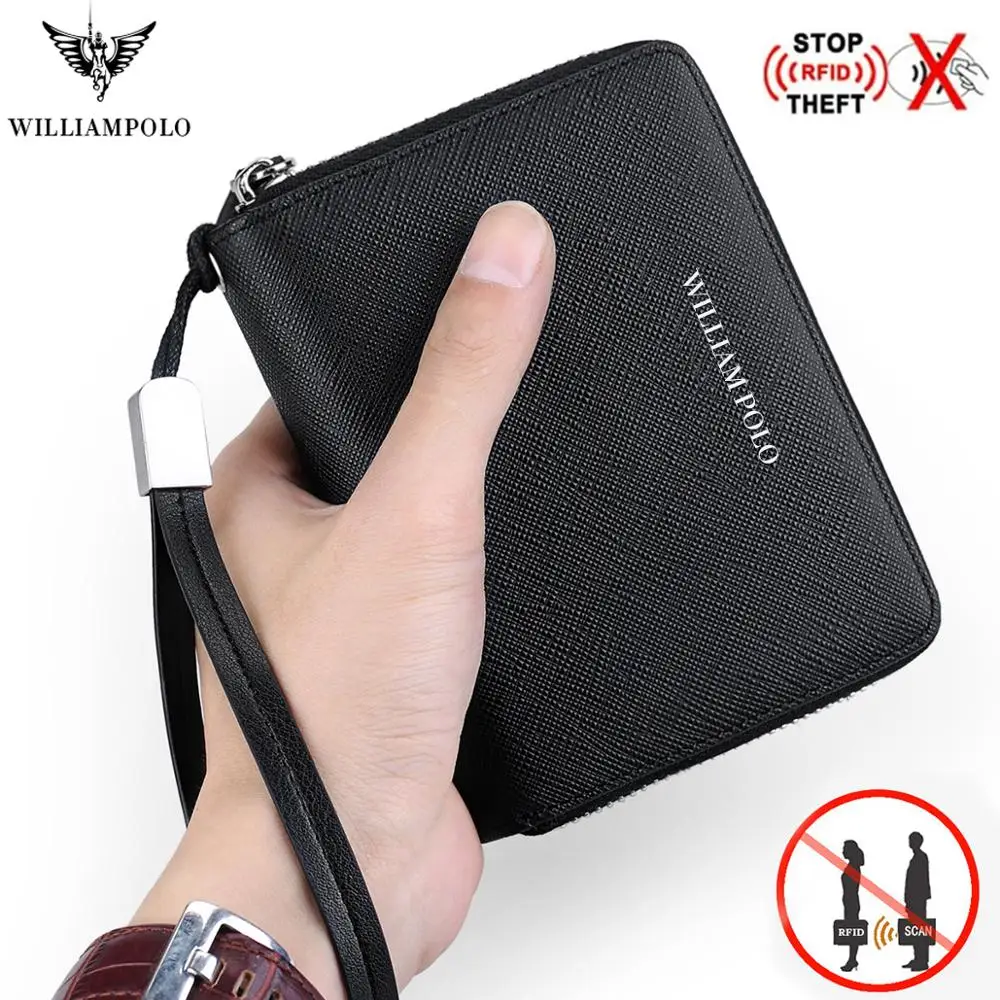 

WILLIAMPOLO RFID Men Wallet Accordion Credit Card Holder Genuine Leather Mini Multi Card Case Organizer Zipper wallets slim 2019