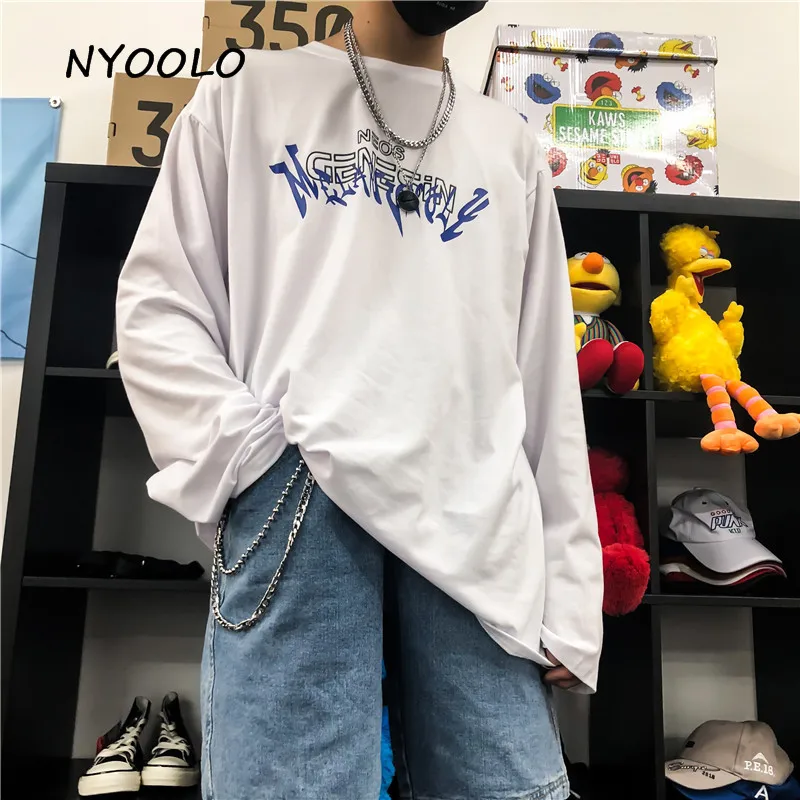 NYOOLO Harajuku стиль с буквенным принтом Футболка Осенняя уличная свободная футболка с длинными рукавами для мужчин и женщин одежда Топ