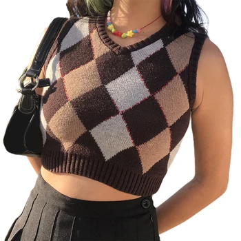 

Brown V Neck Cropped Sweater Vest For Women Autumn Sleeveless Slim Fit Knitted Preppy Plaid Casual Daily Knitwear 3 Sizes S M L