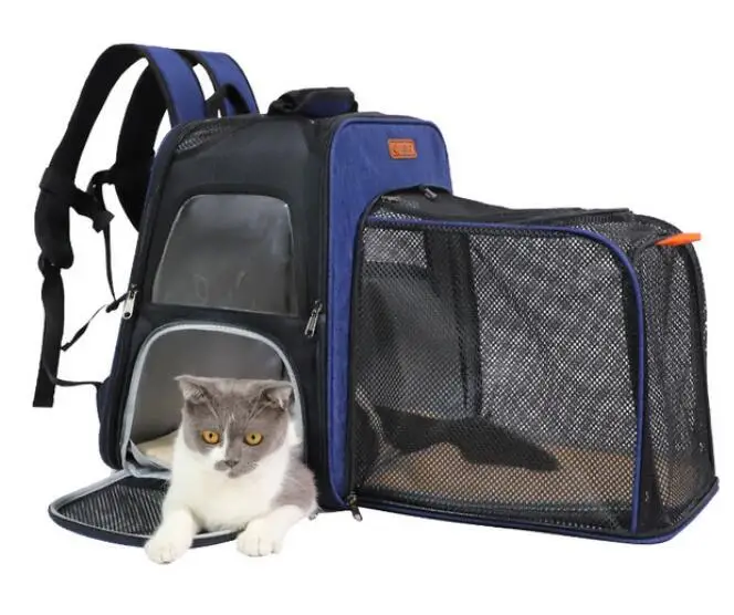 Открытый Pet Cat Carrier Рюкзак щенок Сумочка снаружи расширение складной дышащий Сетки кошки сумка собака переноска дорожная клетка - Цвет: dark blue