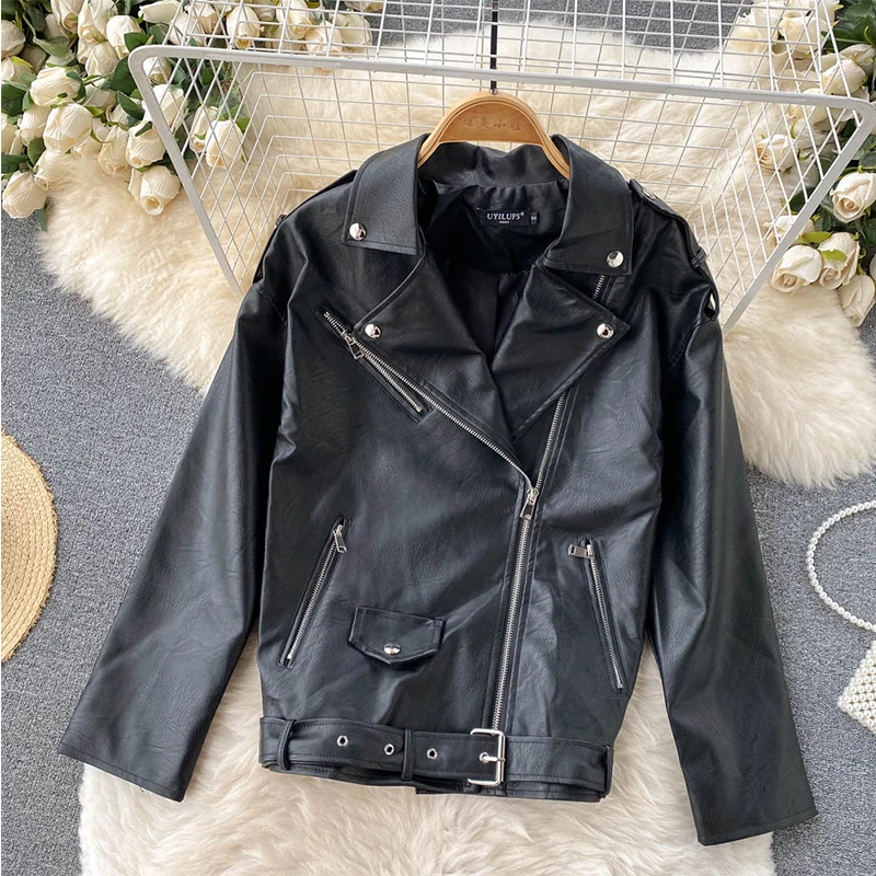 Fitaylor New Spring Autumn Pu Leather Motorcycle Jacket Women Turn-down Collar Zipper with Belt Lady Black Coat Outwear | Женская одежда