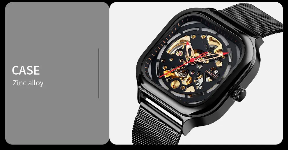 SKMEI модные Для мужчин, золотые часы Полный Нержавеющая сталь прозрачные автоматические механические часы черные часы Relogio Masculino