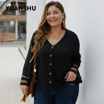 

YUANSHU Plus Size Women Blouses Long Sleeve Tops Single Breasted V Neck Oversized Ladies Blouses XL-4XL Large Size Women Clothes