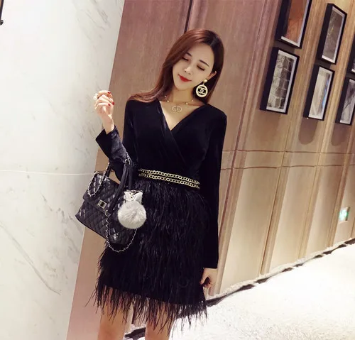 

Aihuyigui 2019 New Autumn Winter Sexy V-neck Velvet Feather Dress Women Black Mini Party Dresses Mujer Vestidos Dr795