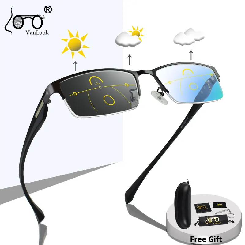 US $28.99 Progressive Multifocal Reading Glasses Frames Men Photochromic Sunglasses Chameleon Lens Metal Rectangular Eyeglasses Frame
