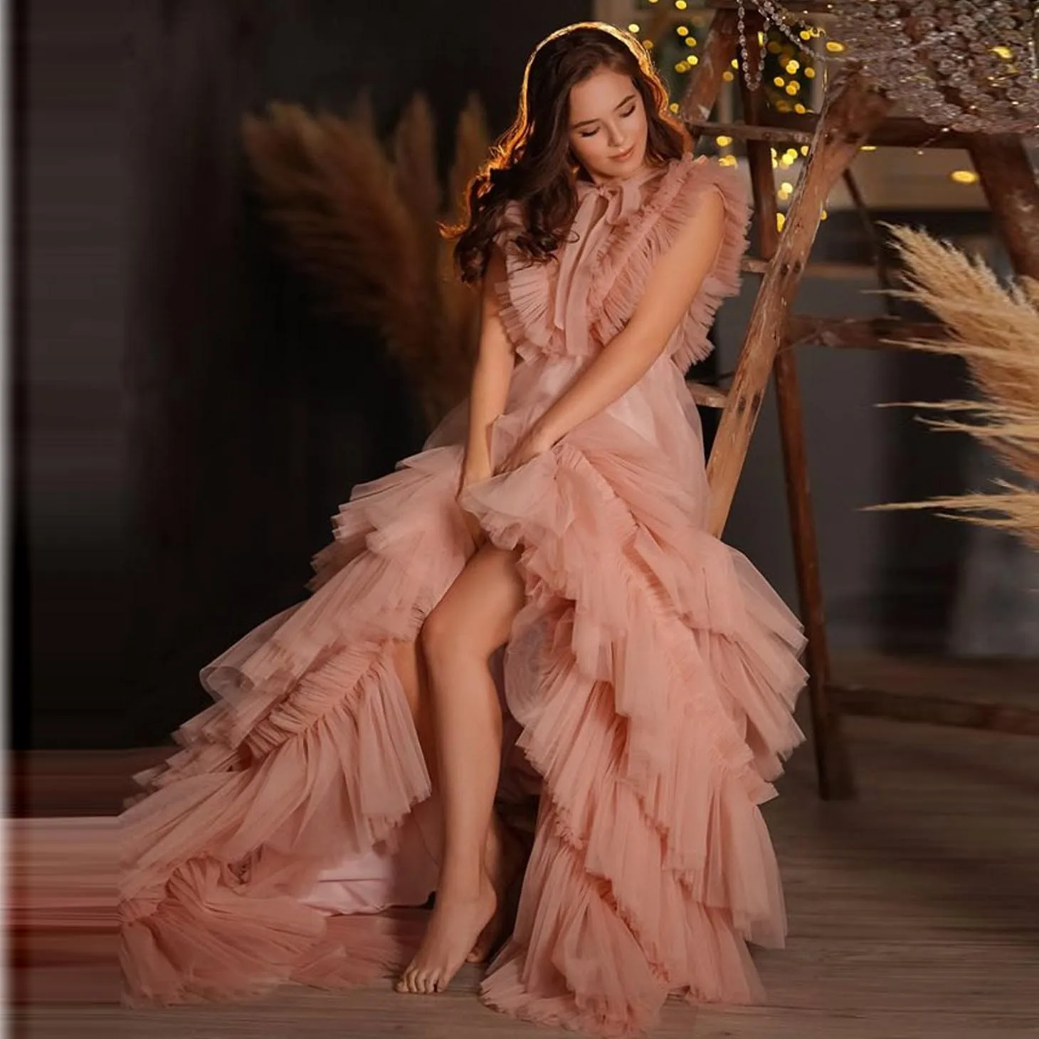 Maternity Dress for Photoshoot New Design High Neck Ruffles Tulle Layered Long Robe With Train Bridesmaid Plus Size | Свадьбы и