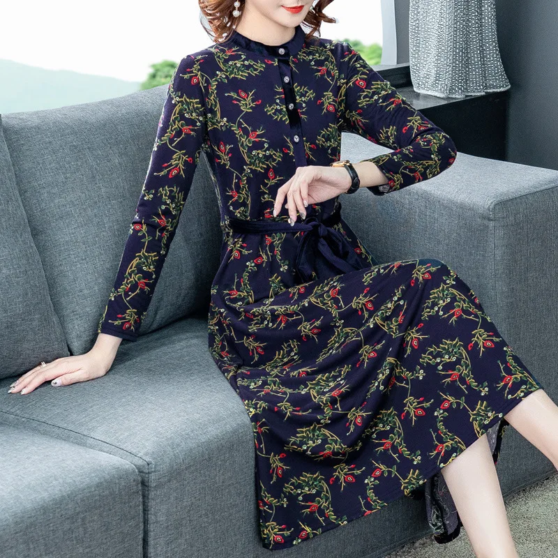 

2019 Autumn New Style Elegant Elegant Large Size Stand Collar Lace-up Waist Hugging Slimming Big Hemline Floral-Print Jersey Dre