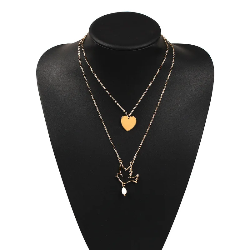 

Fashion Alloy Women's Necklaces 2019 Love Birds Gold Color Pearl Multilayer Pendant Necklace For Women Gift Female Jewelry