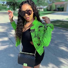 Неоновый зеленый сексуальный жакет с буквенным принтом для женщин, длинный рукав, Зазубренные карманы, пальто на пуговицах, уличная Harajuku, осенняя куртка-бомбер