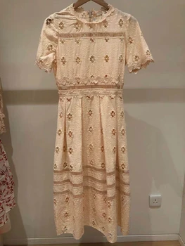 

O-neck stitching lace hollow women dress short sleeve slim temperament lady midi dress