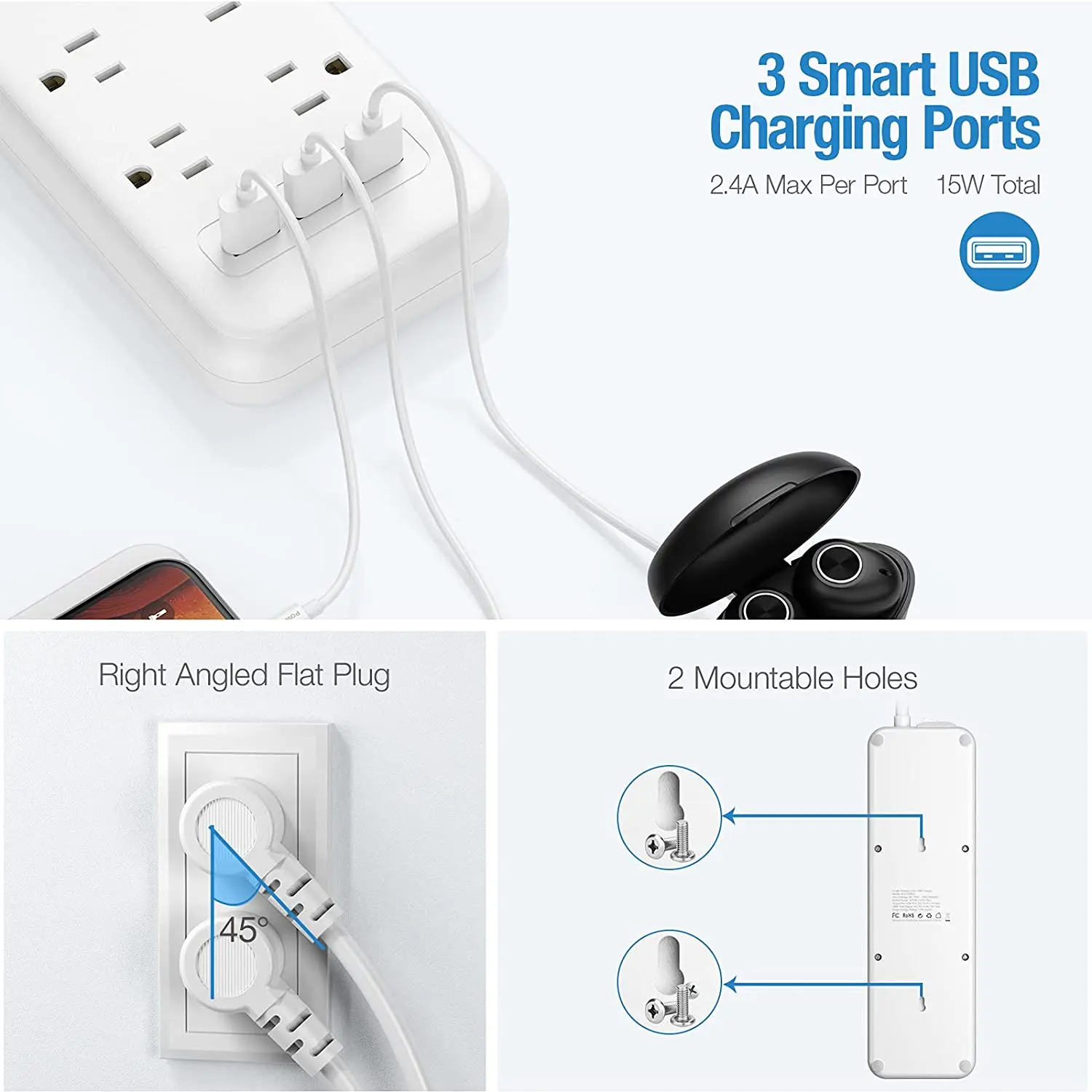 Power Strip, Surge Protector Flat Plug, 12 Outlets & 3 USB Charging Ports, 1875W/15A 1700J, 6ft Extension Cord, Overload